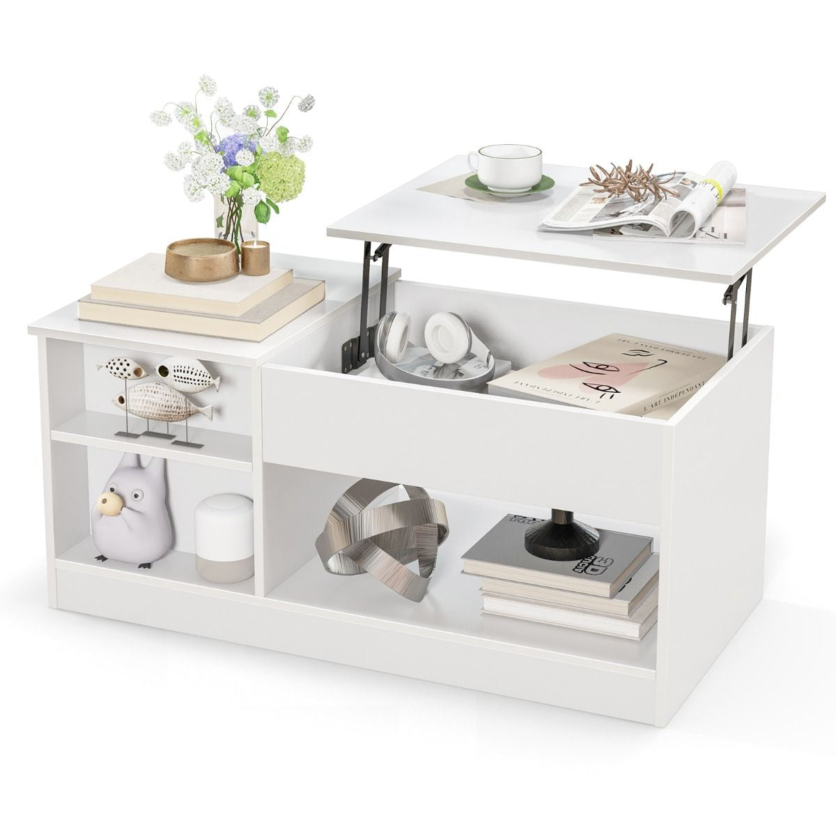 Table Basse avec Plateau Relevable avec Levage Pneumatique, Table de Salon avec 3 Compartiments ouverts et Placard à Porte