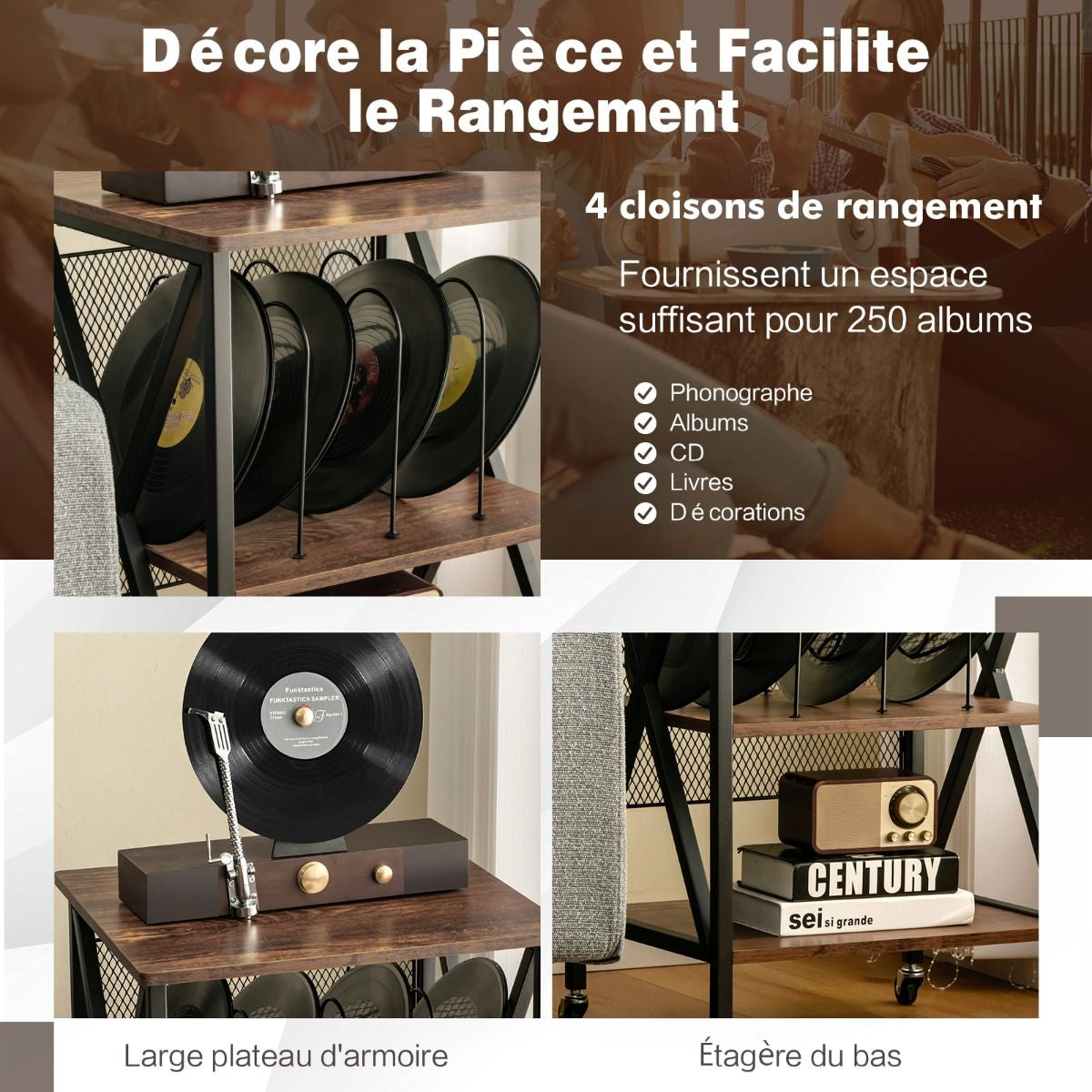 Support de Tourne-disque à Roulettes avec 3 Séparateurs pour 250 albums Desserte à Roulettes Cadre en Fer Roues Verrouillables 52x45x75cm