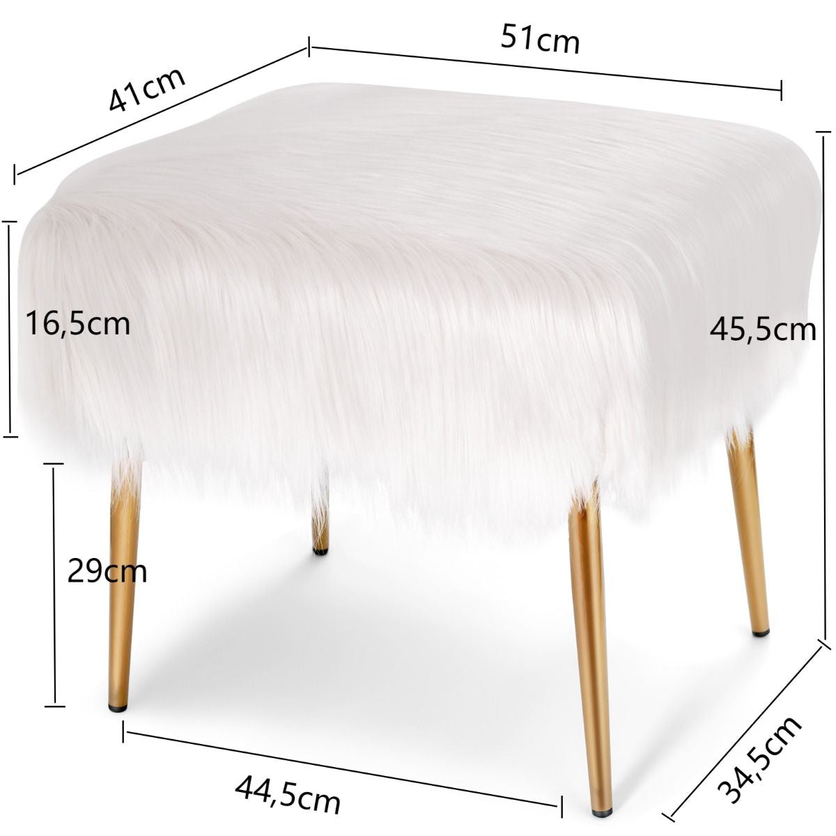 Tabouret en Fourrure Synthétique Pieds en Métal Dor Ottoman Romantique pour Coiffeuse 51 x 41 x 45,5 CM (L x l x H) Beige