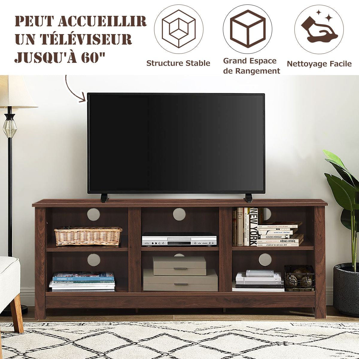 Meuble TV 135 x 39,5 x 54 cm avec 2 Etagères de Rangement Réglable Centre Multimédia Polyvalent pour Salon