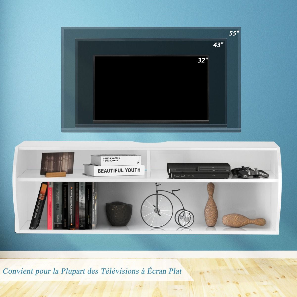 Meuble TV Mural Flottant avec 3 Compartiments Ouverts Banc TV Suspendu avec Trou de Câble 123 x 41 x 41 CM Blanc