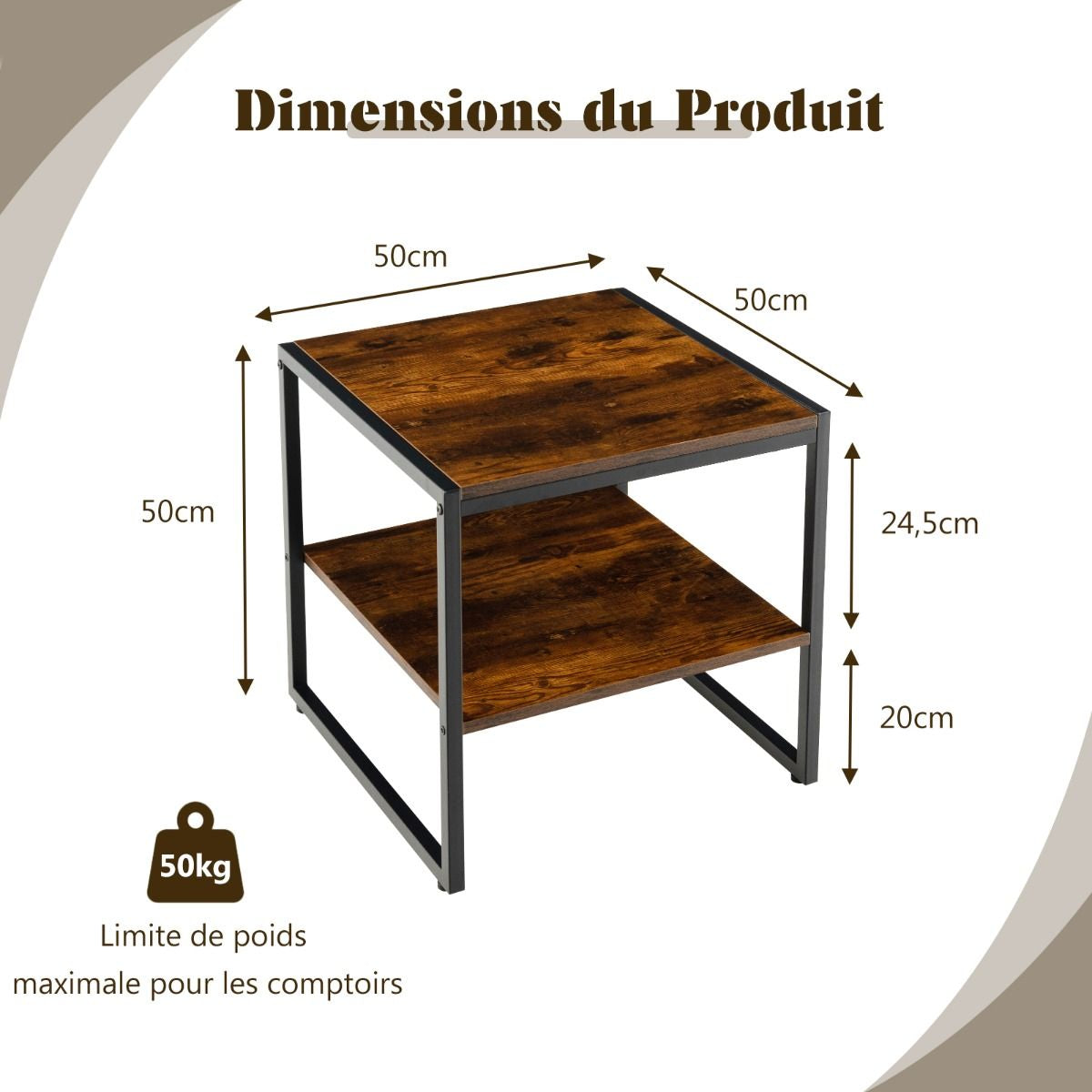 Lot de 2 Table d'Appoint Industrielle avec 2 Étagères Bout de Canapé Carré avec Cadre Métallique et 4 Pieds Réglables Marron rustique 50 x 50 x 50 cm