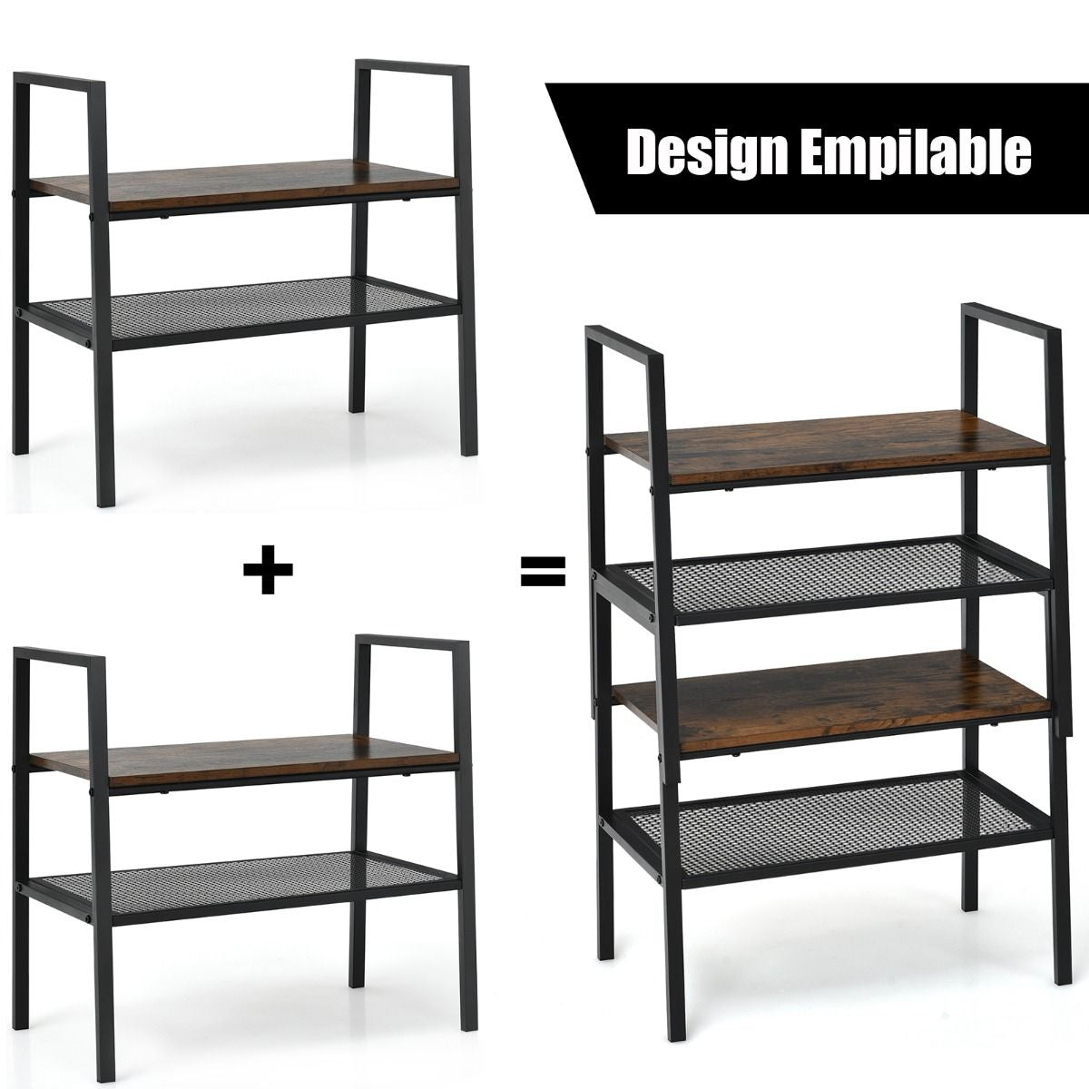 Lot de 2 Étagères de Rangement Empilable à 2 Niveaux 54 x 32 x 52 CM Étagère à Chaussures avec Structure en Métal Style Industriel