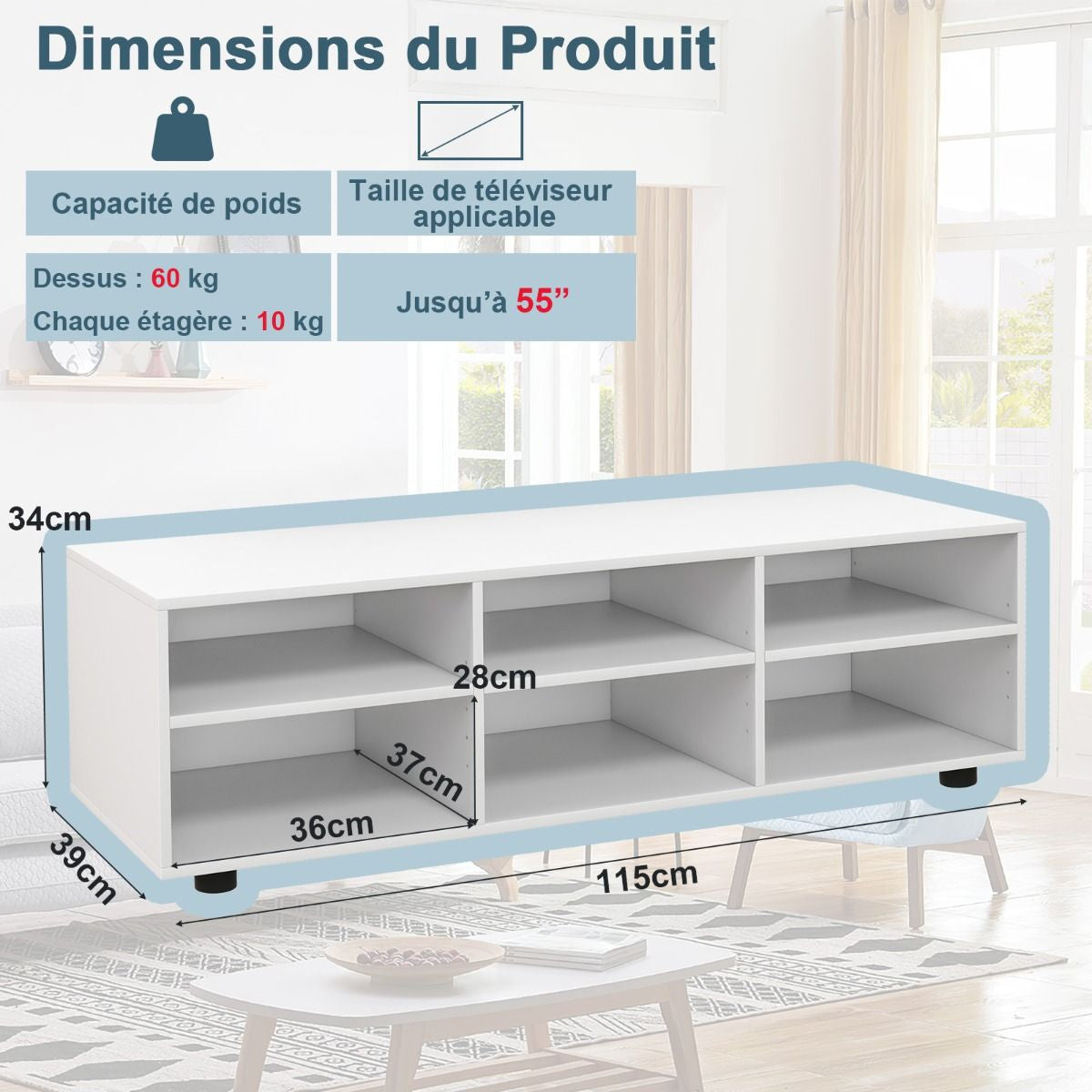 Meuble TV à 3 Niveaux avec 6 Compartiment Banc TV pour TV Jusqu'à 55 Pouces pour Salon Chambre 115 x 39 x 34,5cm Blanc