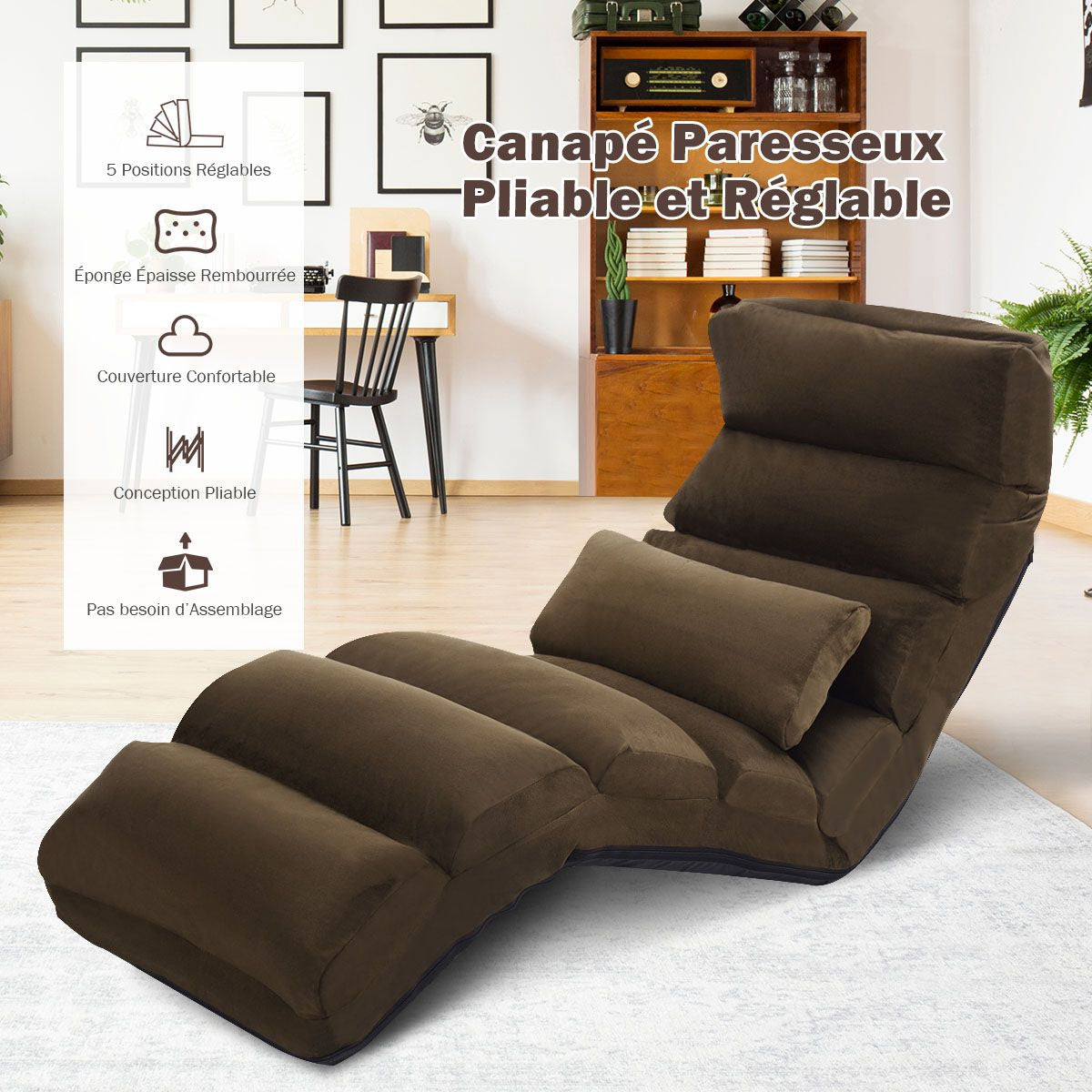 Fauteuil Relax Pliable Réglable sur 5 Positions en Faux Daim Chaise de Sol pour Salon Mobilier de Bureau Chambre Marron