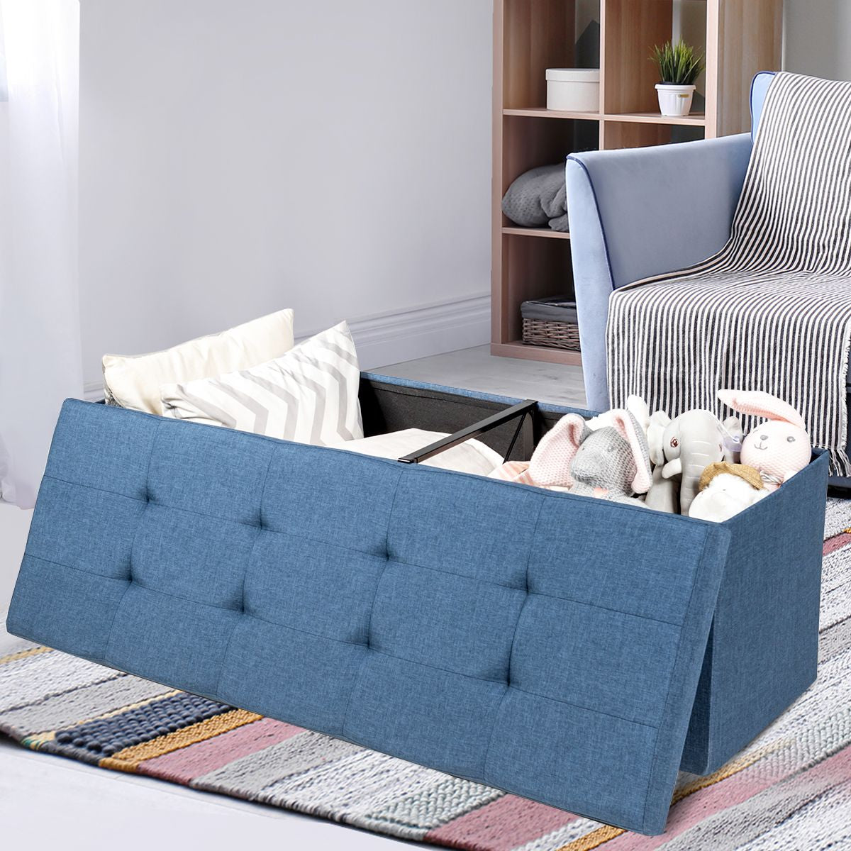 Banc de Rangement Rembourré Pliable avec Séparateur Volume 150L 110,5 x 38 x 38 cm pour Salon/Chambre/ Entrée Bleu