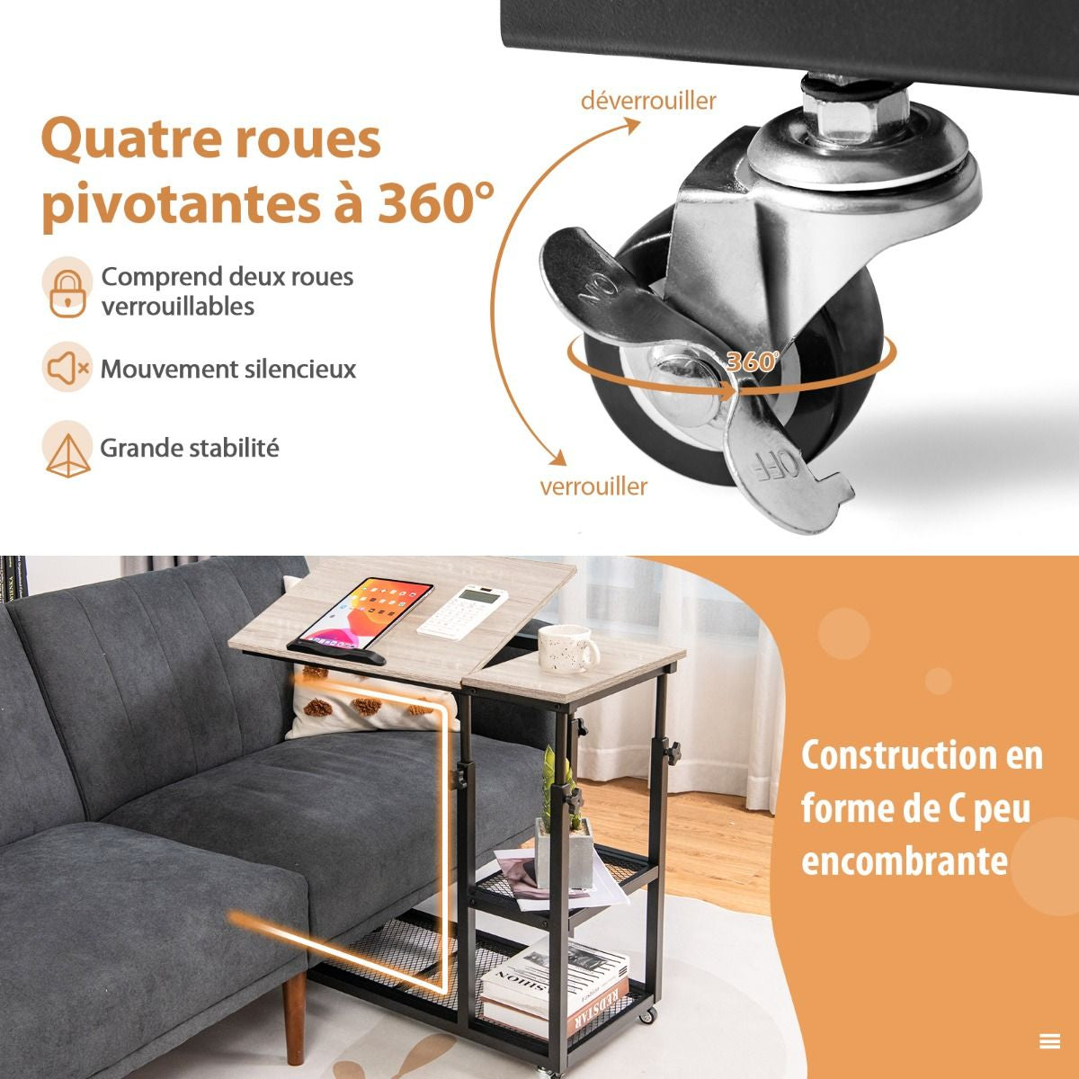 Table d’Appoint Plateau Inclinable à 5 Positions Roulettes Verrouillables Cadre en Acier Style Industriel Brun