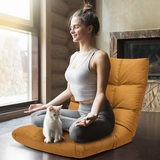 Chaise de Méditation Rembourrée 14 Positions Réglable Cadre en Acier Robuste Tissu en Coton et Lin Jaune