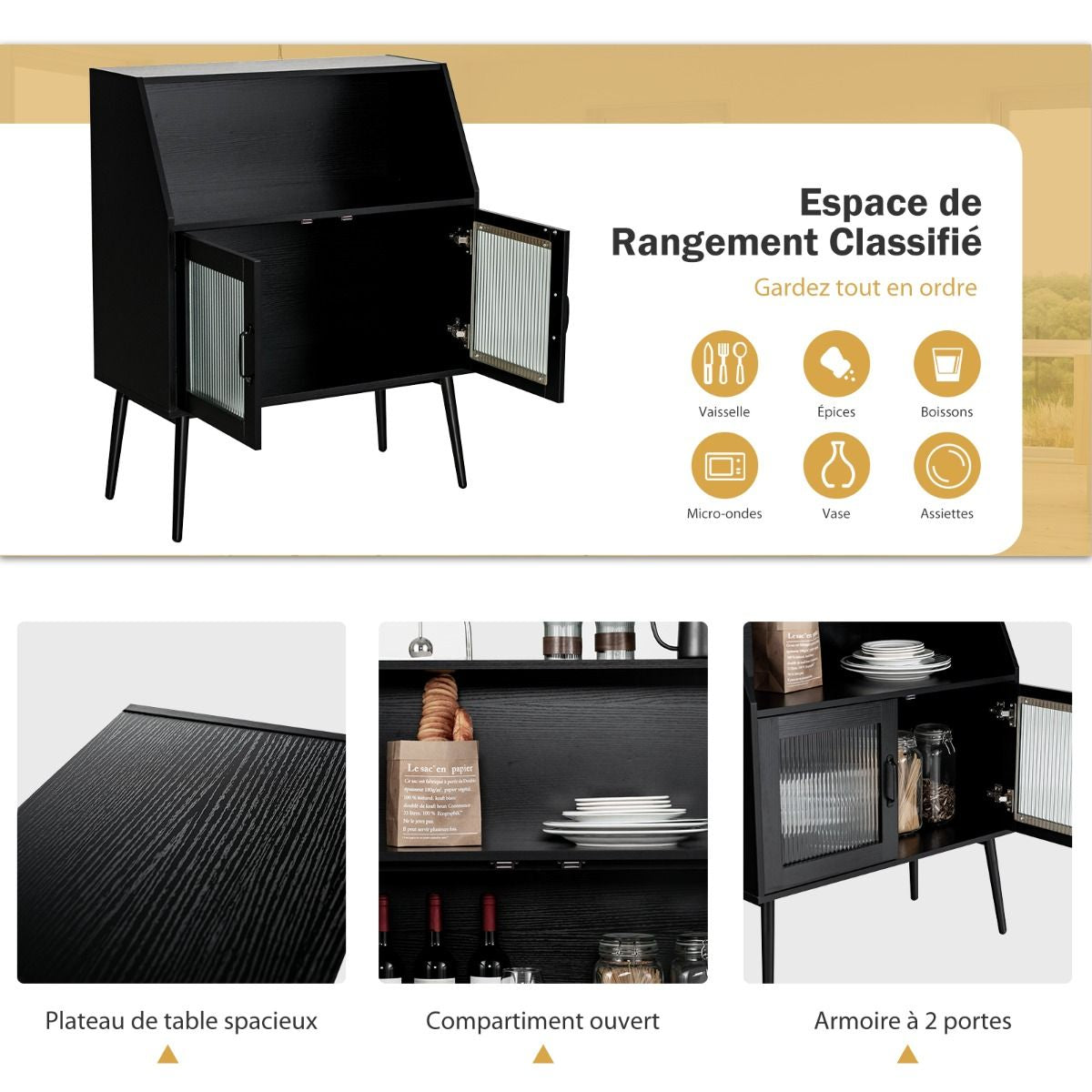 Meuble de Rangement Style Industriel 80x40x101cm Buffet avec 2 Portes et Placard pour Salon Bureau Cuisine Noir