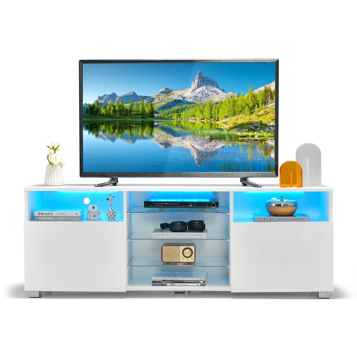 Meuble TV avec Éclairage LED 20 Couleurs Banc TV avec 2 Placards 2 Compartiments et Étagères Vitrées Meuble pour TV 60"