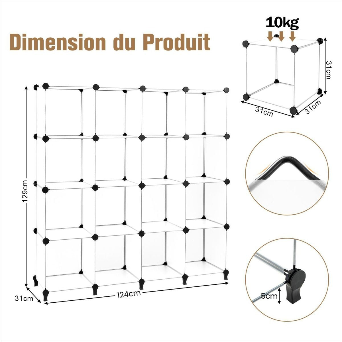 16 Cubes Armoire de Chambre Rangement avec Connecteurs ABS et Marteau Métallique Armoire Portable DIY Semi-transparent Blanc