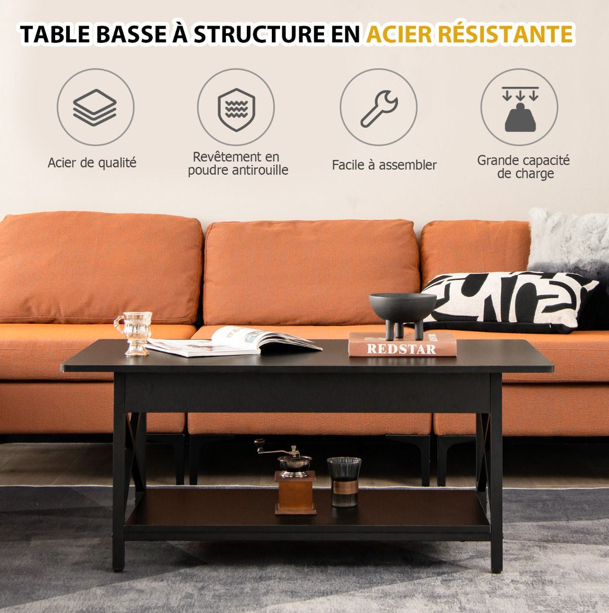 Table Basse 2 Niveaux avec Étagère Bois Cadre Métallique en Forme X Pieds Réglables Style Industrielle 110 x 60 x 48 cm Noir