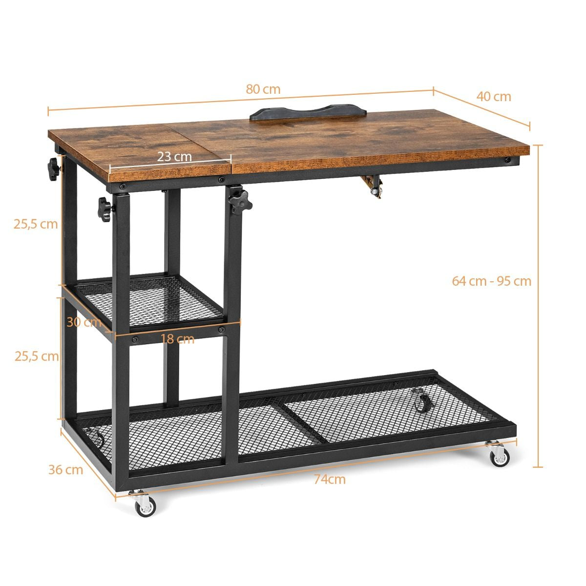 Table d’Appoint en Forme de C Plateau Réglable Roulettes Verrouillables Cadre en Acier Style Industriel Brun