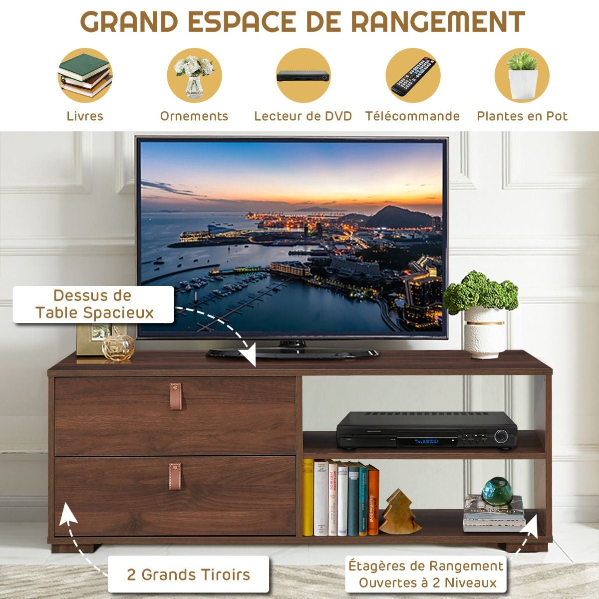 Meuble TV en Bois avec 2 Tiroirs Étagère Réglable Style Industriel 120,5 x 39 x 42 cm pour Salon Chambre Marron Rustique