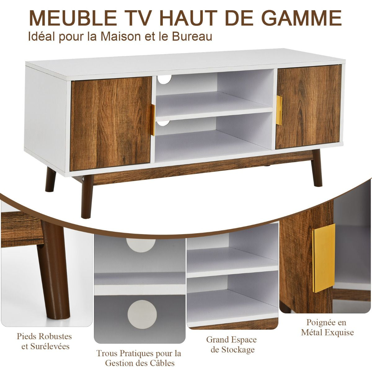 Meuble TV 2 Portes Banc TV 109 x 38 x 45,7 CM pour TV Jusqu'à 50 Pouce avec 2 Trous de Gestion des Câbles