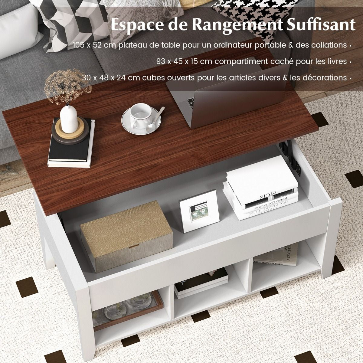 Table Basse avec Plateau Relevable 3 Compartiments Ouverts pour Rangement Polyvalents pour Salon Bureau  Blanc