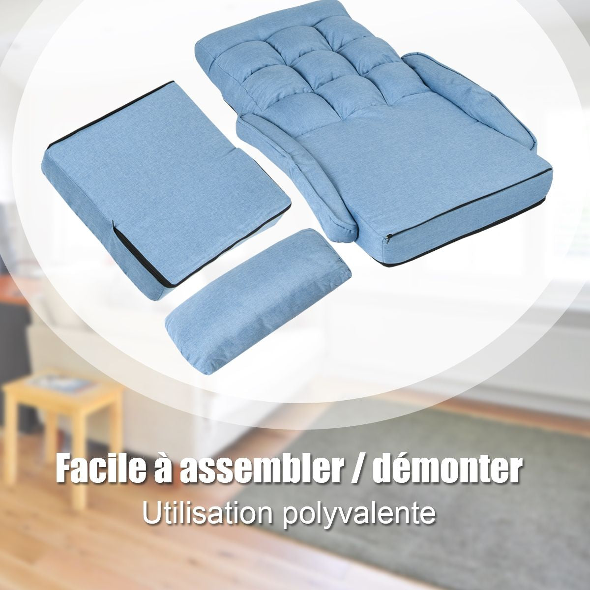 Fauteuil Convertible Chauffeuse Convertible 1 Place en Tissu avec Oreiller 5 Positions Bleu