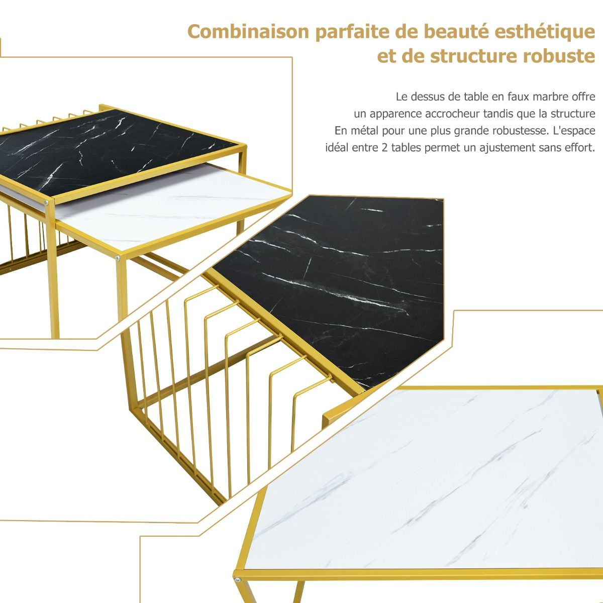 Lot de 2 Tables Basses Gigognes Surface en Marbre Artificiel Réaliste Scandinave Moderne Structure en Métal