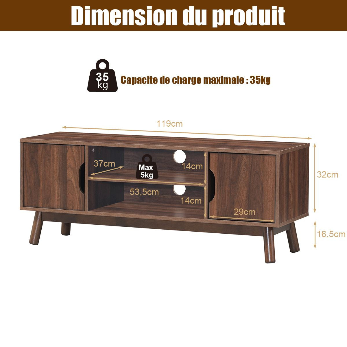 Meuble TV avec Compartiments et Étagères Jusqu’à 43 Pouces pour Salon Chambre Salle de Jeu 120x39x48,8cm Marron&Noir