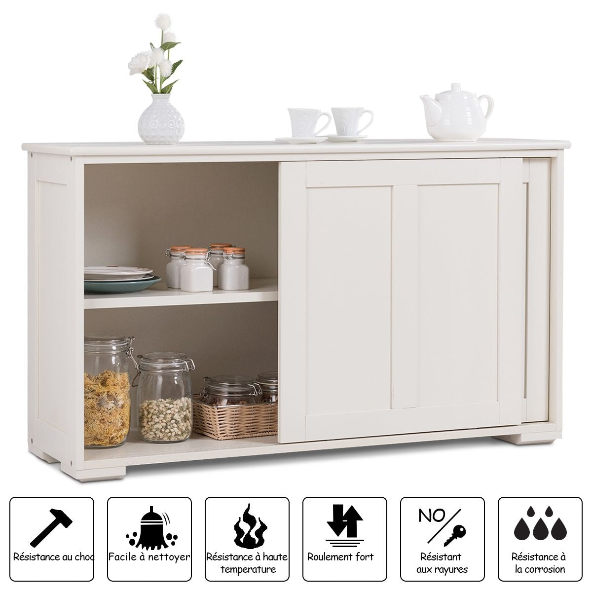 Buffet Armoire de Cuisine en MDF avec 2 Etagères de Rangement et 2 Portes Coulissantes Marron/Blanc