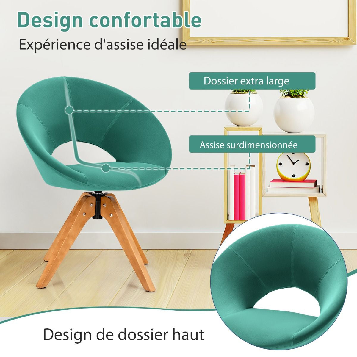 Fauteuil en Tissu Chaise Pivotante Moderne avec Pieds en Bois Massif et Siège Moelleux pour Salon Bureau et Chambre Vert