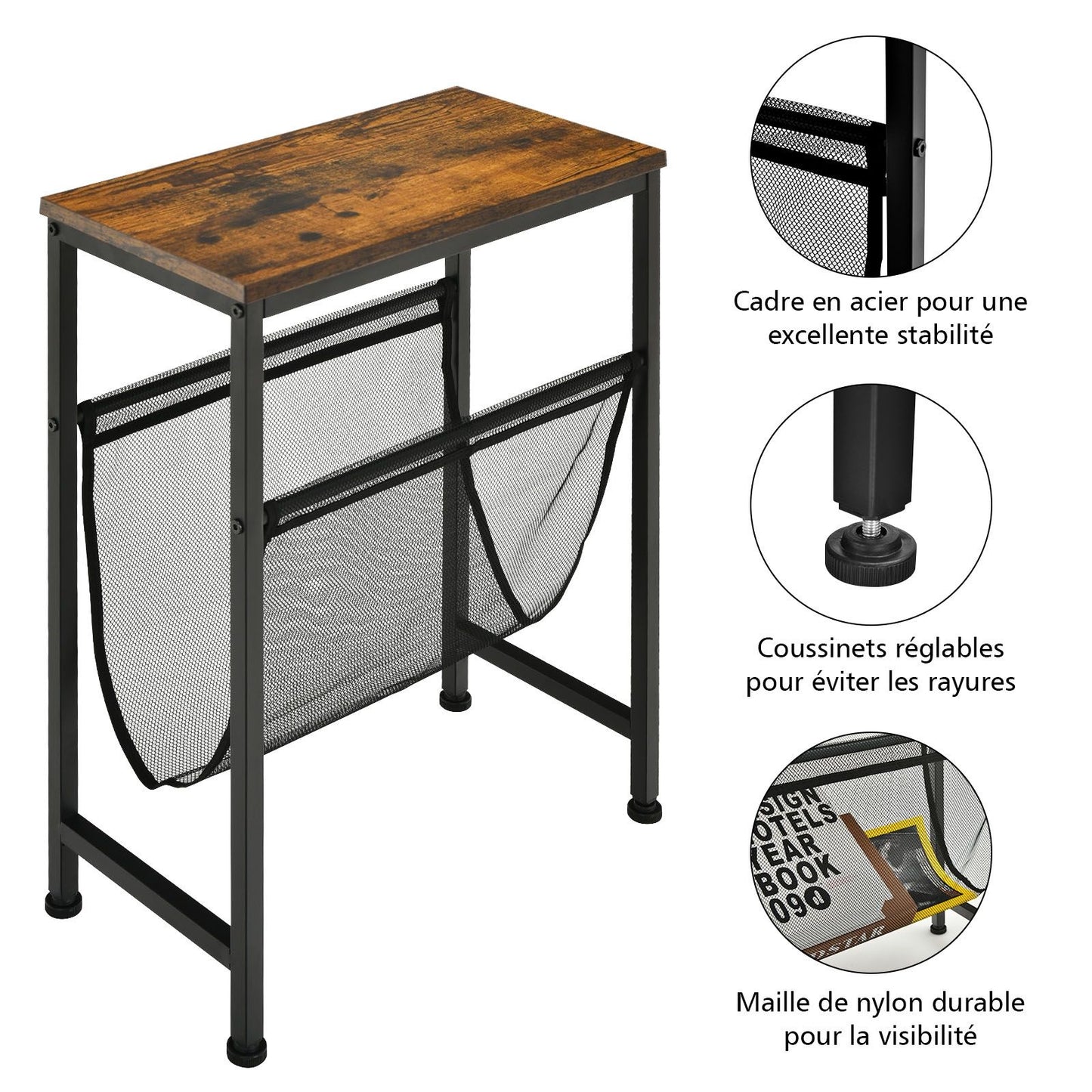 Table d’Appoint Industrielle à 2 Niveaux avec Porte-Magazines Plateau en Bois Pieds en Acier pour Salon Chambre Bureau