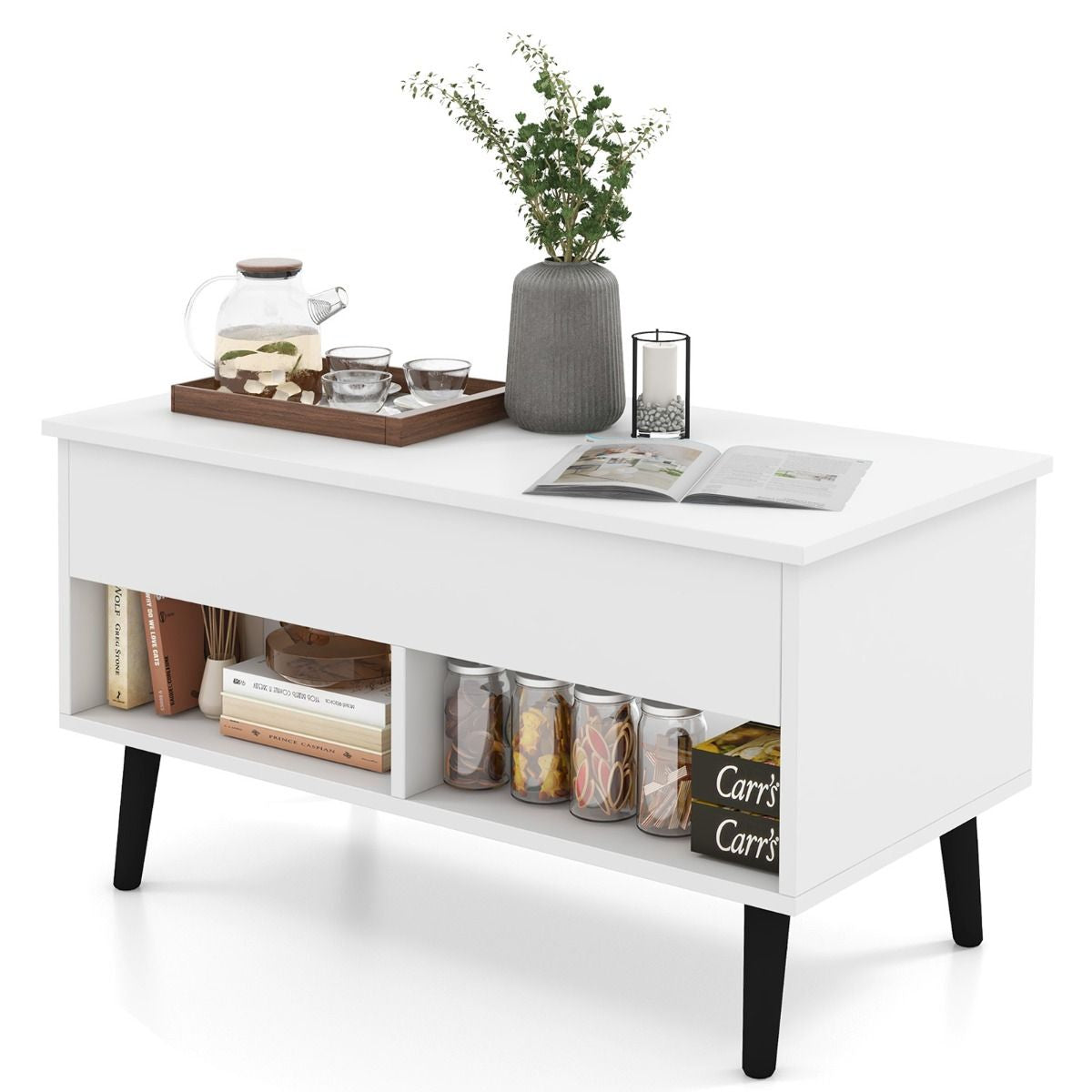 Table Basse Relevable avec 2 Compartiments et Rangement Caché Table Basse Salon à Pieds en Bois de Pin avec Levage Pneumatique Blanc