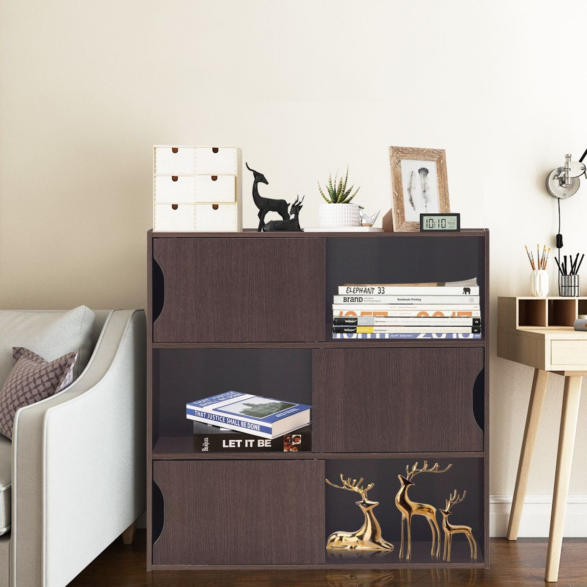 Bibliothèque de Rangement avec 3 Portes 6 Compartiments 78 x 30 x 78 CM à 3 Étagère Marron