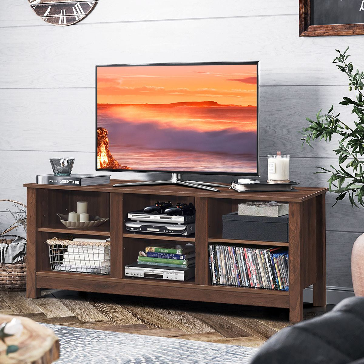 Meuble TV 135 x 39,5 x 54 cm avec 2 Etagères de Rangement Réglable Centre Multimédia Polyvalent pour Salon