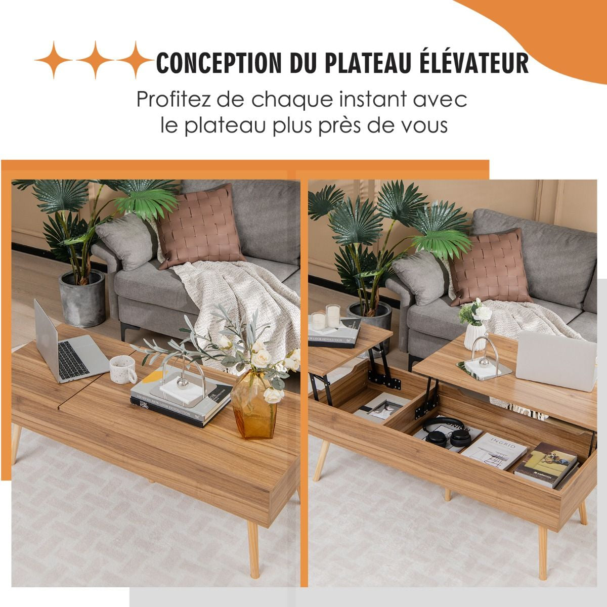 Table Basse avec 2 Plateaux Relevables 110 x 49 x 42 CM avec 2 Compartiments Cachés et 5 Pieds en Bois Massif Marron