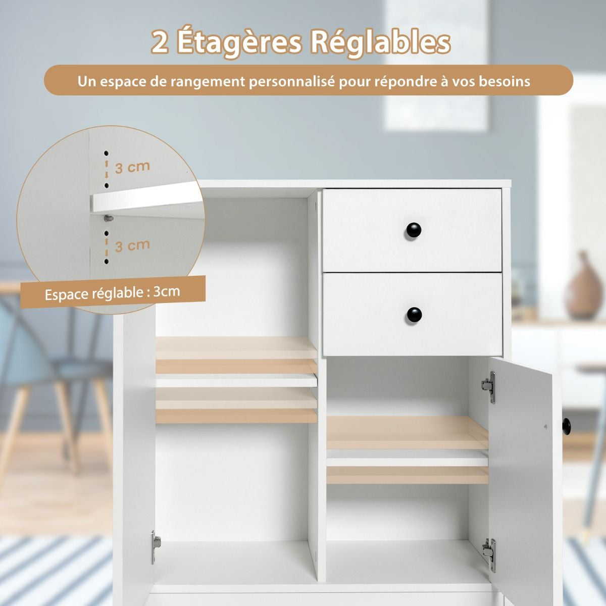 Commode Buffet Meuble de Rangement avec  2 Tiroirs et 2 Portes Meuble Bas Blanc avec Étagères Réglables pour Salon Chambre Entrée 72 x 34 x 85,5cm Blanc