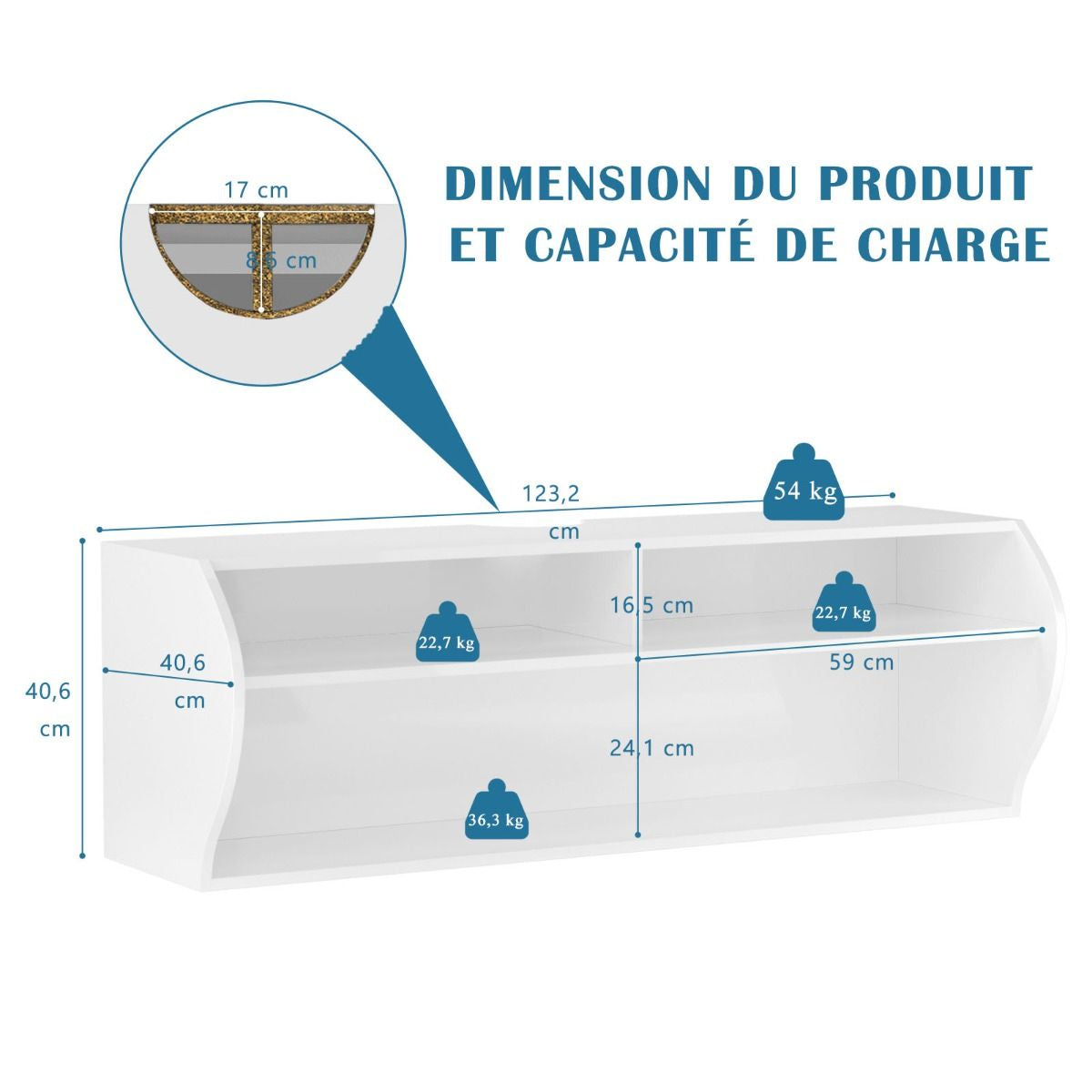 Meuble TV Mural Flottant avec 3 Compartiments Ouverts Banc TV Suspendu avec Trou de Câble 123 x 41 x 41 CM Blanc