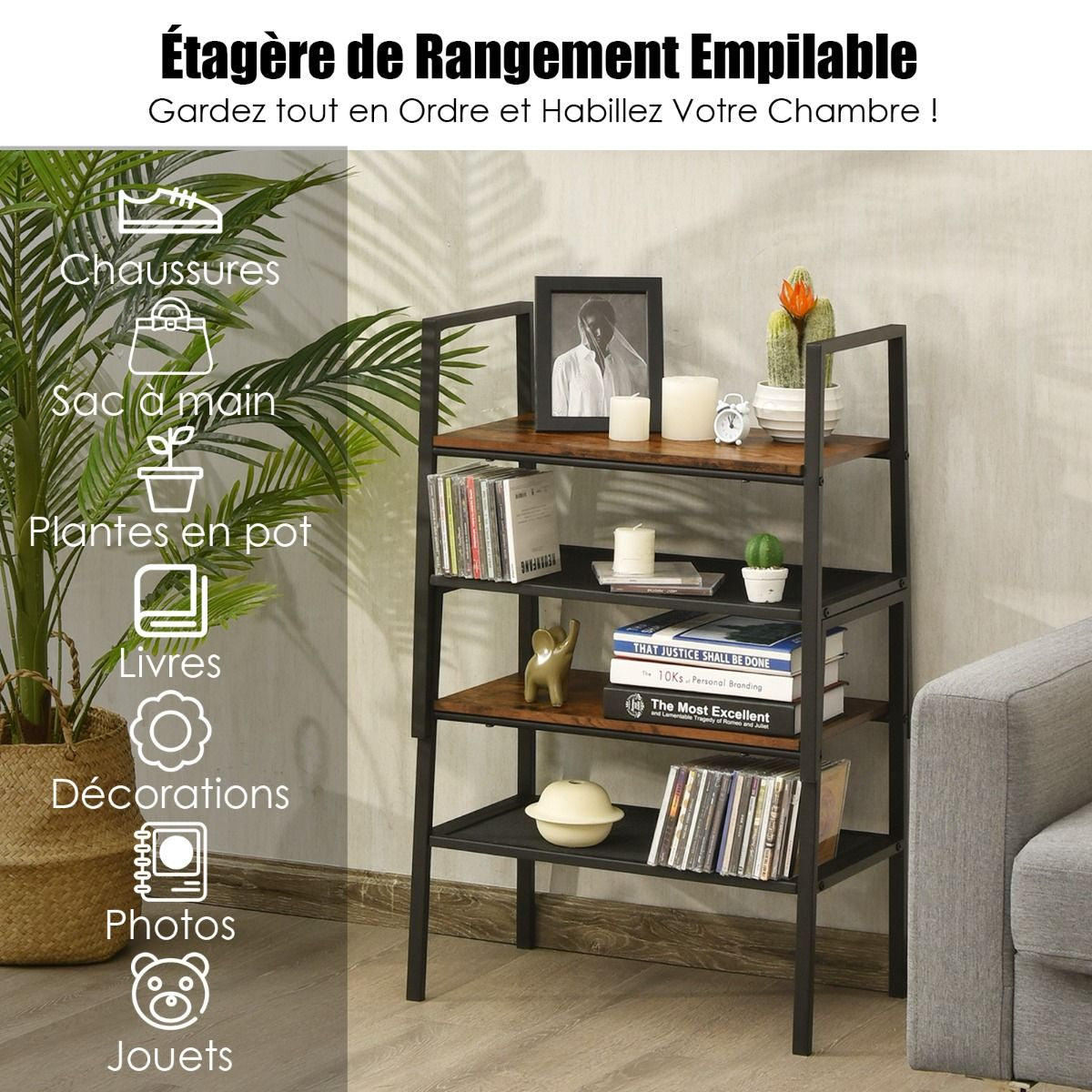 Lot de 2 Étagères de Rangement Empilable à 2 Niveaux 54 x 32 x 52 CM Étagère à Chaussures avec Structure en Métal Style Industriel