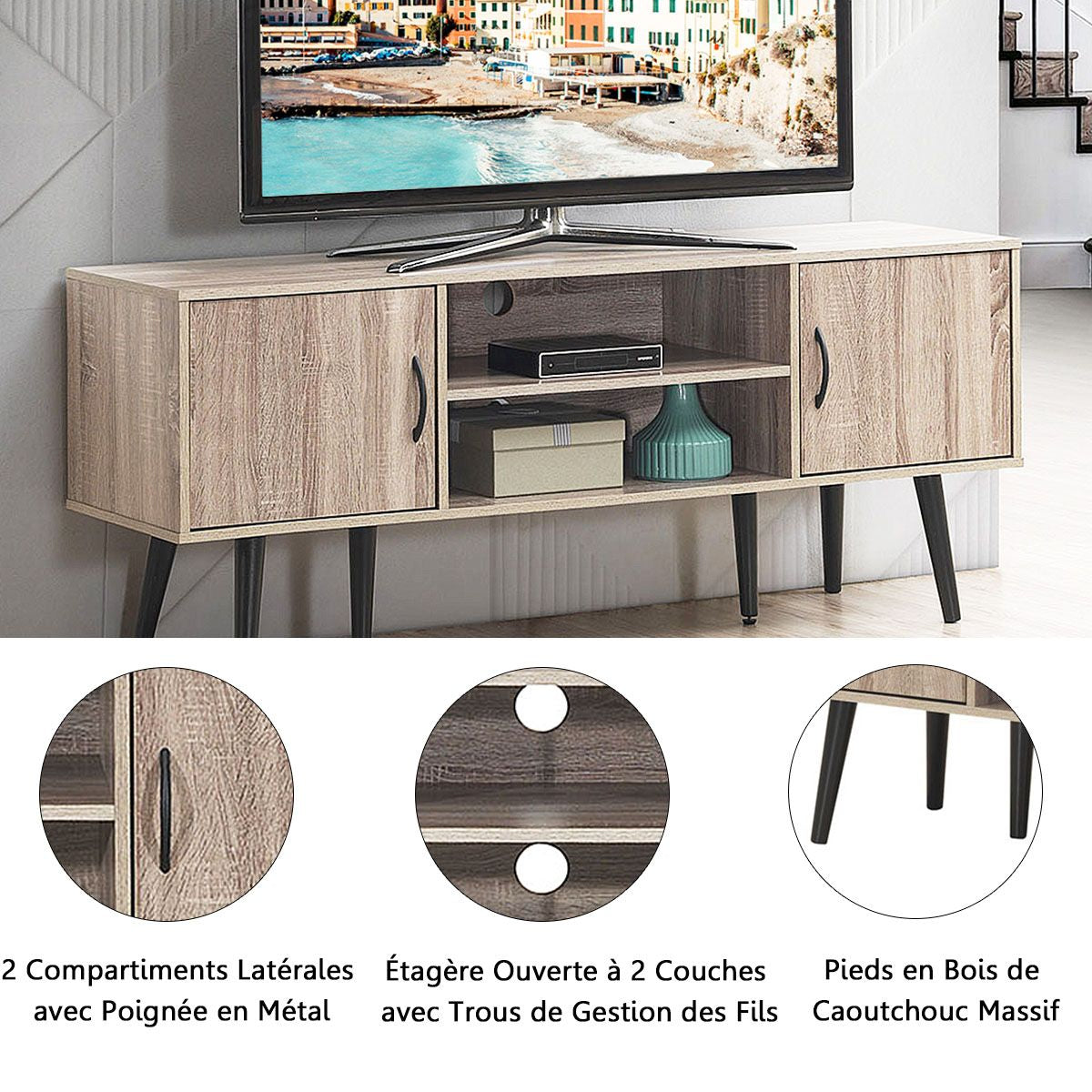 Meuble TV 147 x 39,5 x 62 CM Console Multimédia avec 2 Armoires de Rangement, 2 Etagères Ouverte pour TV Jusqu'à 65''