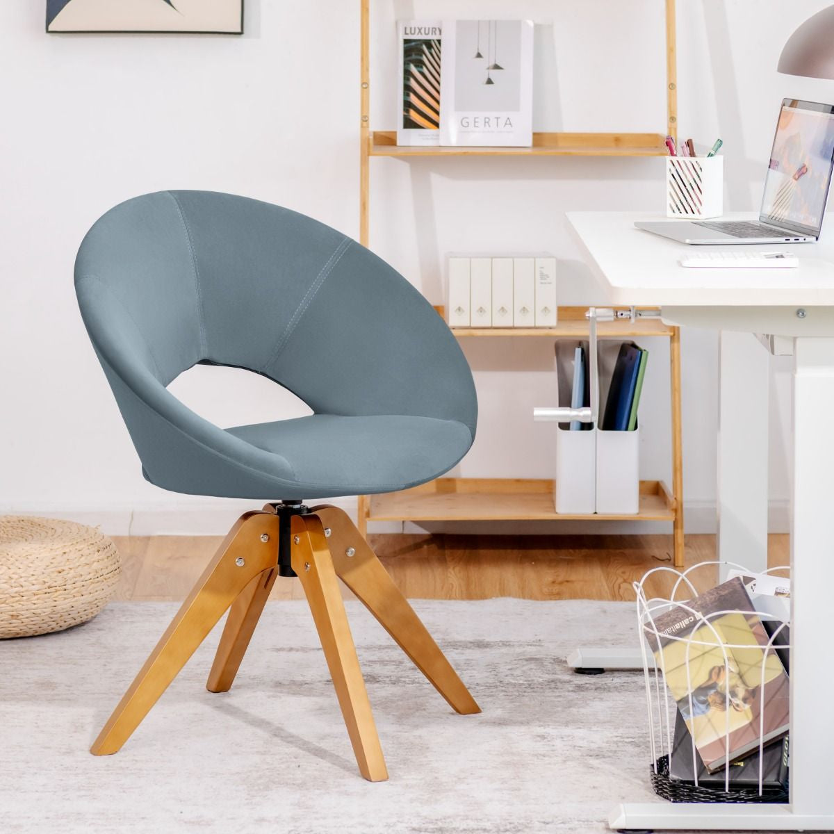 Fauteuil en Tissu Chaise Pivotante Moderne avec Pieds en Bois Massif et Siège Moelleux pour Salon Bureau et Chambre Gris