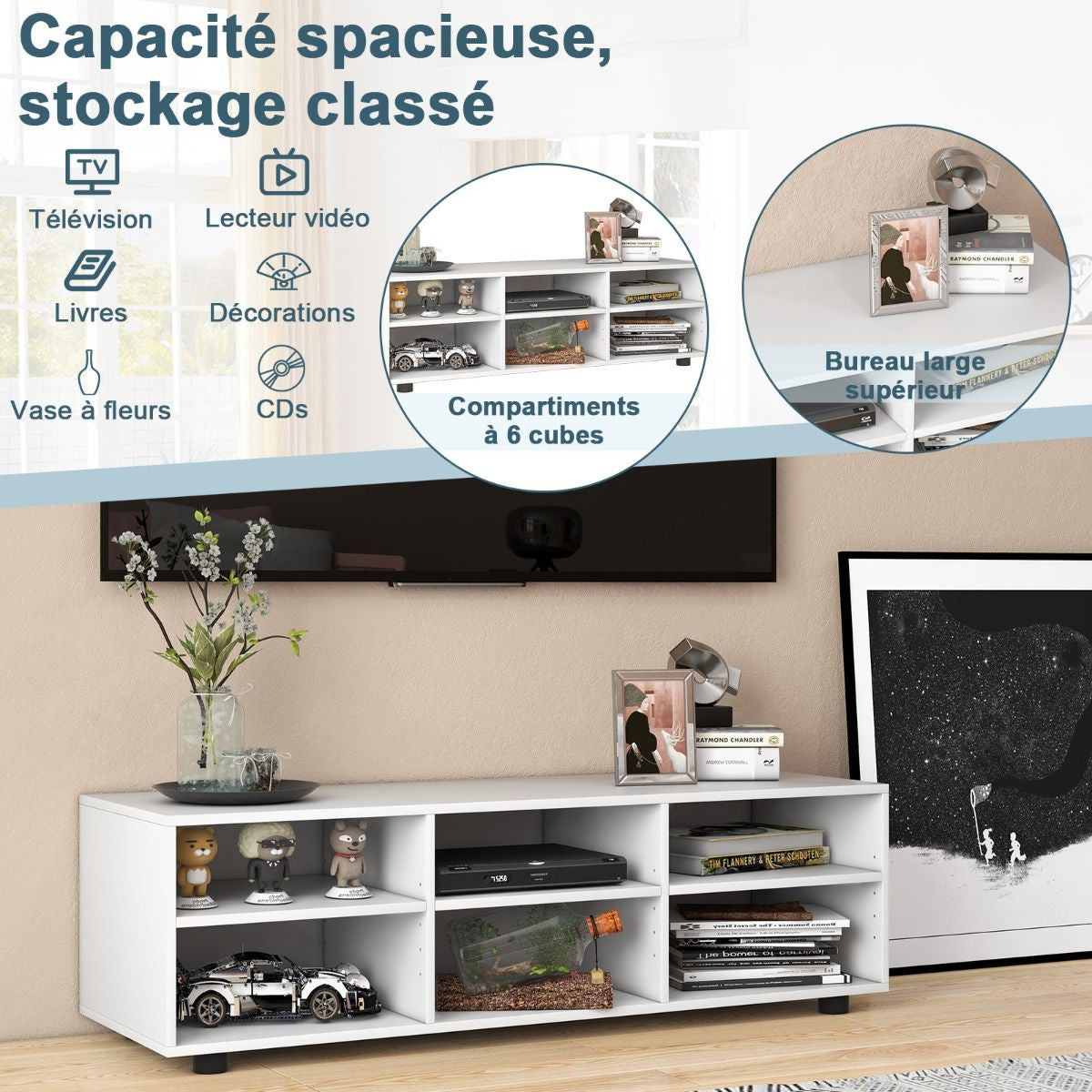 Meuble TV à 3 Niveaux avec 6 Compartiment Banc TV pour TV Jusqu'à 55 Pouces pour Salon Chambre 115 x 39 x 34,5cm Blanc