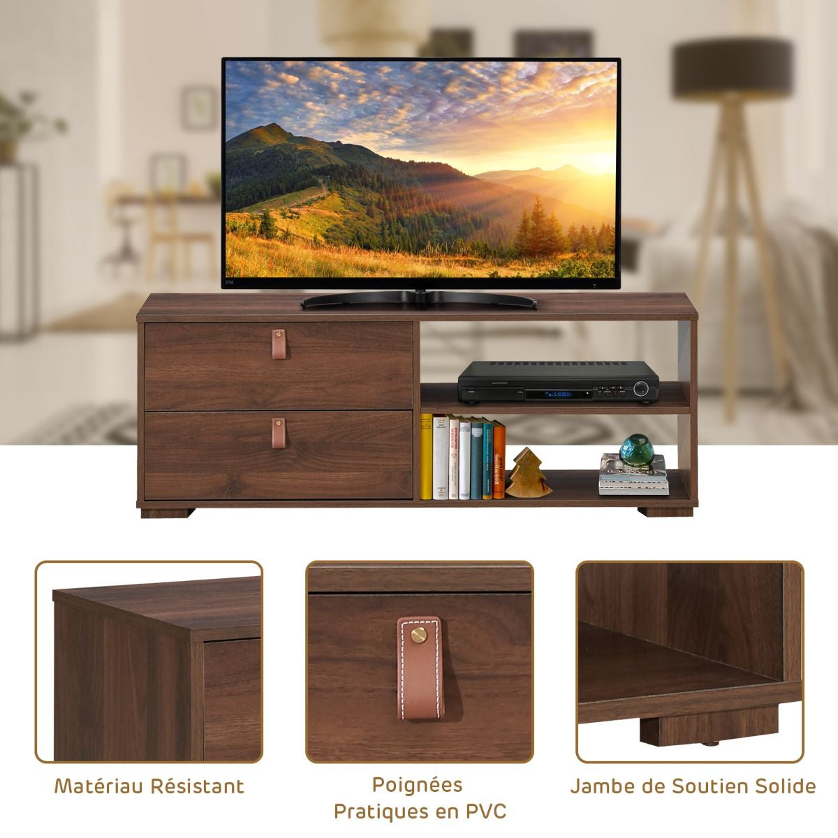 Meuble TV en Bois avec 2 Tiroirs Étagère Réglable Style Industriel 120,5 x 39 x 42 cm pour Salon Chambre Marron Rustique