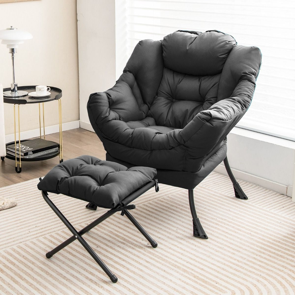 Fauteuil Paresseux avec Ottoman Fauteuil Moderne de Loisirs pour la Lecture avec Oreiller Accoudoirs Poche Latérale et Repose-pieds pour Salon Chambre Bureau Gris