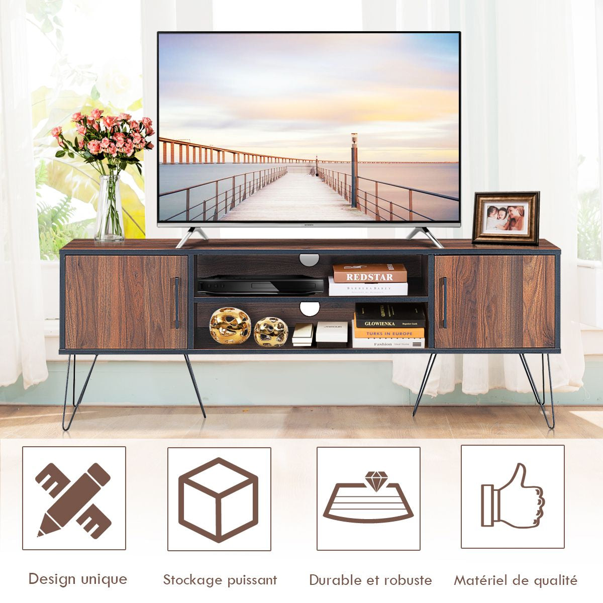 Meuble TV avec 2 Portes pour Téléviseurs Jusqu'à 152,4 cm Support de Télévision avec Étagère Réglable pour Salon Chambre