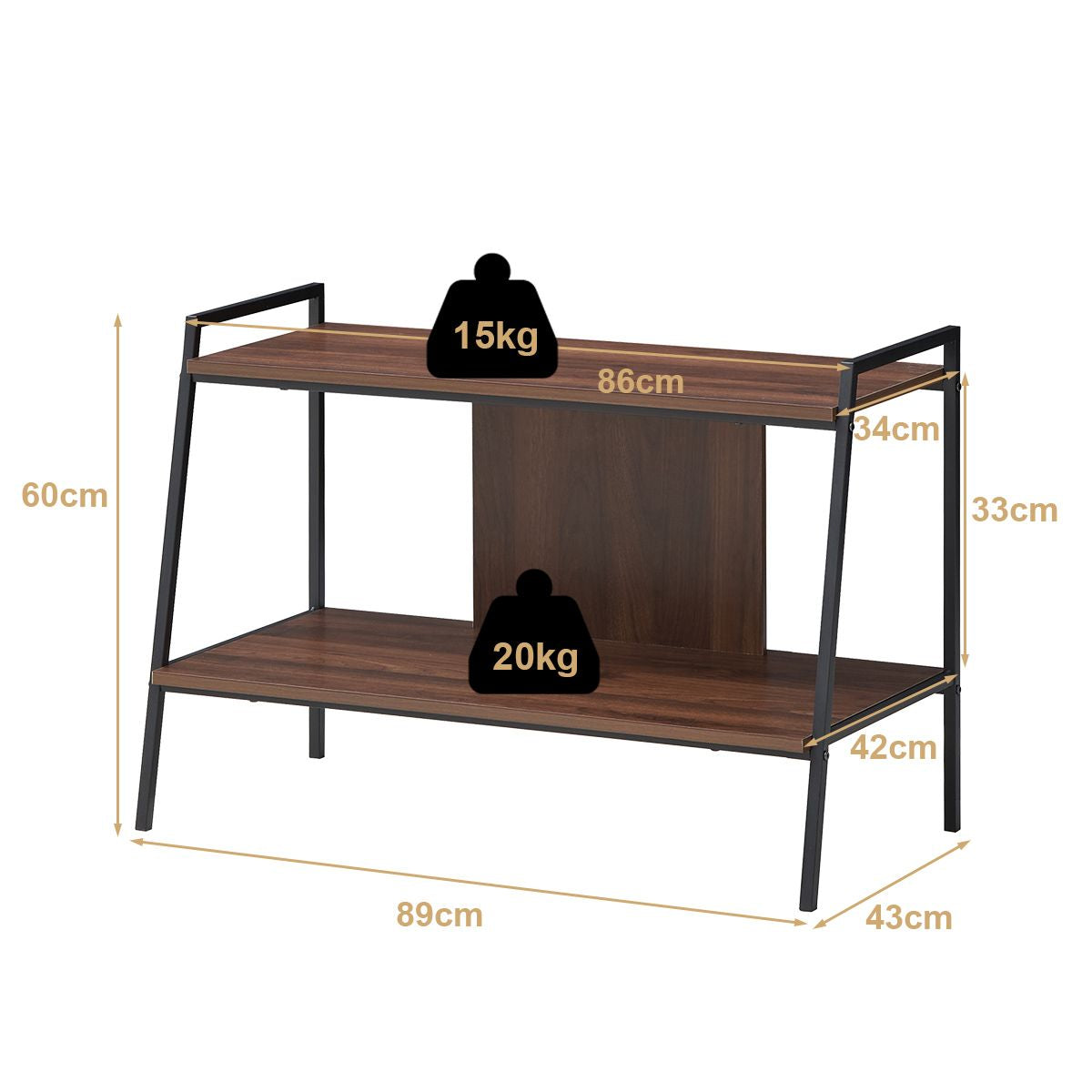 Table Console 89x43x60 CM Meuble TV en Bois à 2 Niveaux pour Téléviseurs Jusqu'à 81,2 CM Capacité de Poids Total 35 KG Noyer