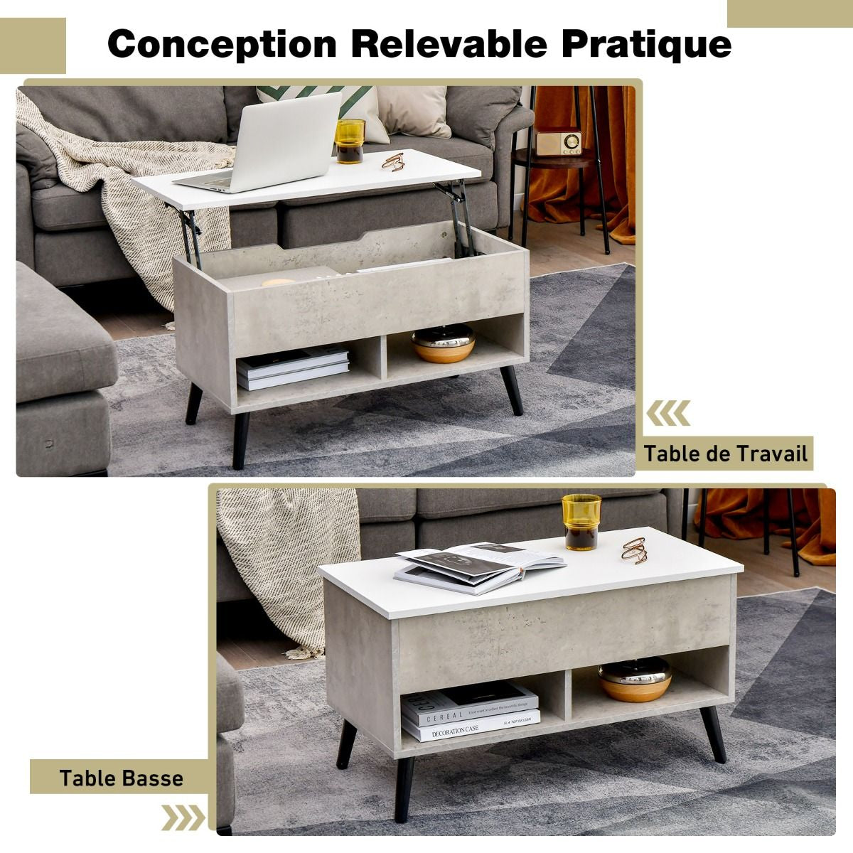 Table Basse Relevable avec 2 Compartiments et Rangement Caché Table Basse Salon à Pieds en Bois de Pin avec Levage Pneumatique Gris