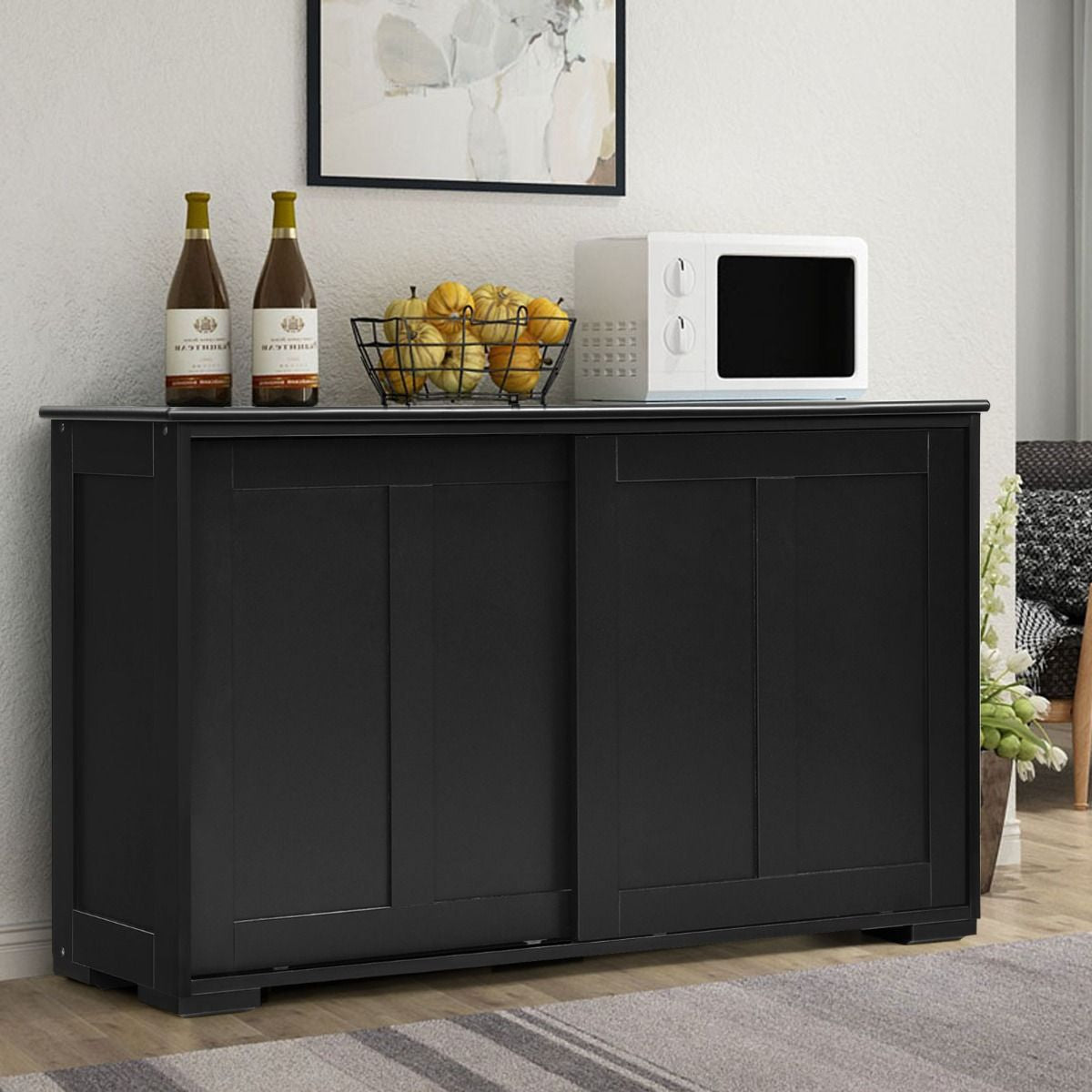 Buffet Armoire de Cuisine en MDF avec 2 Etagères de Rangement et 2 Portes Coulissantes Noir