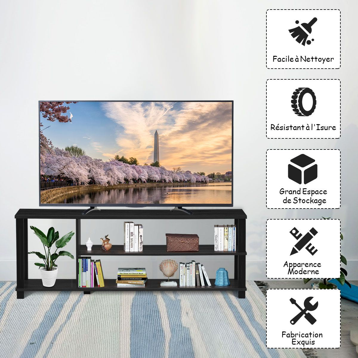 Meuble TV / Banc TV avec 3 Étagères Ouvertes 110 x 29,5 x 40,5 CM Support TV pour Télévision Jusqu’à 45 Pouces Noir