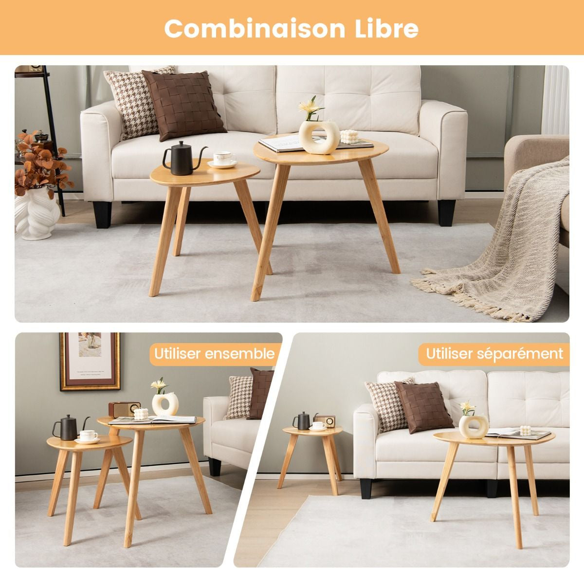 Lot de 2 Tables Basses Gigognes en Bois Table d’Appoint avec Coussinets Antidérapants Combinaison Libre pour Salon Chambre