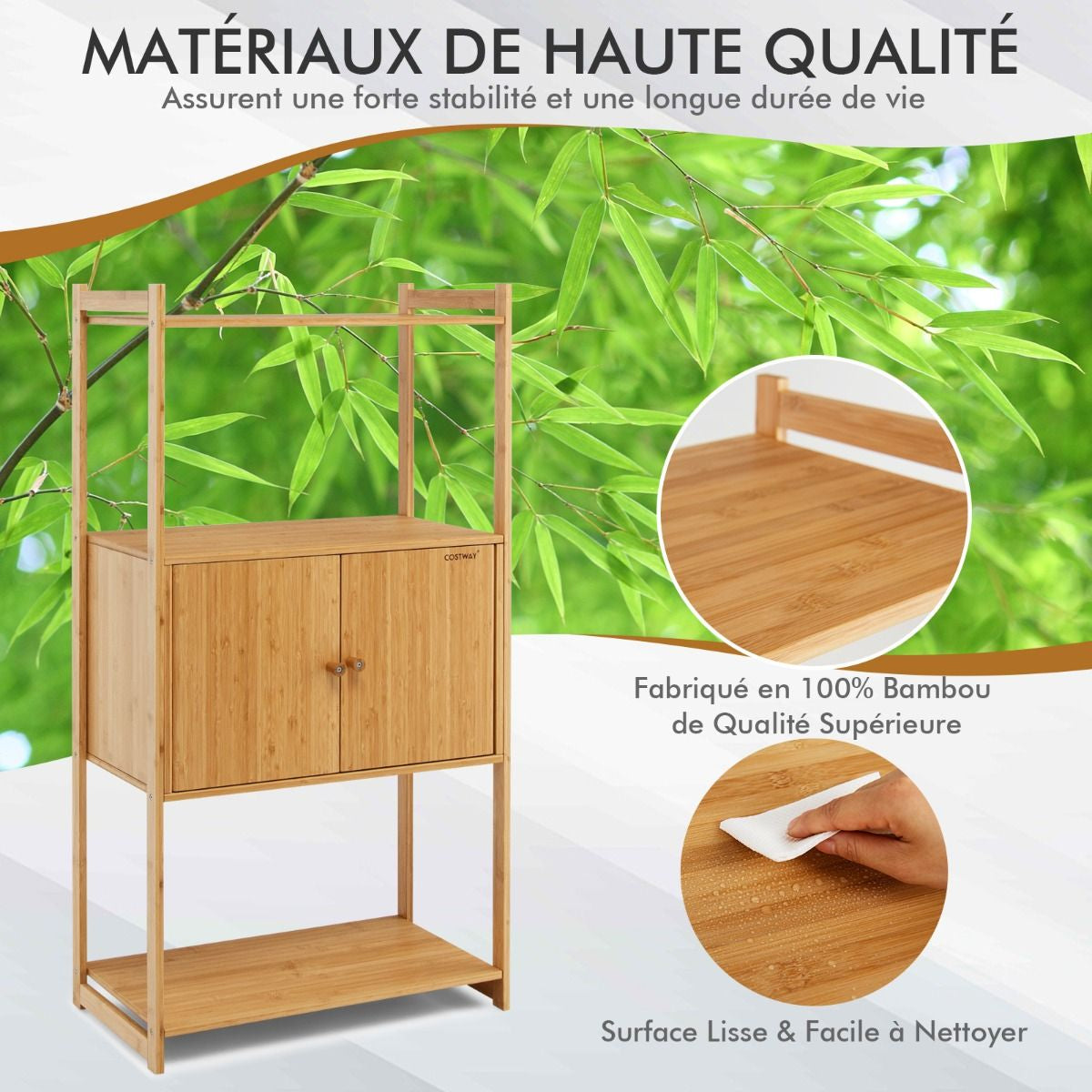 Meuble de Rangement en Bambou à 3 Niveaux 57,5 x 32 x 110 CM avec Grand compartiment à 2 Portes pour Cuisine Salon