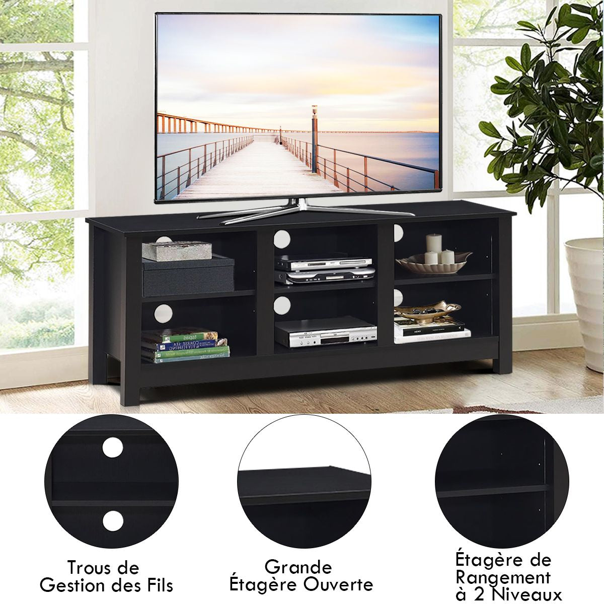 Meuble TV 135 x 39,5 x 54 cm avec 2 Etagères de Rangement Réglable Centre Multimédia Polyvalent pour Salon Noir