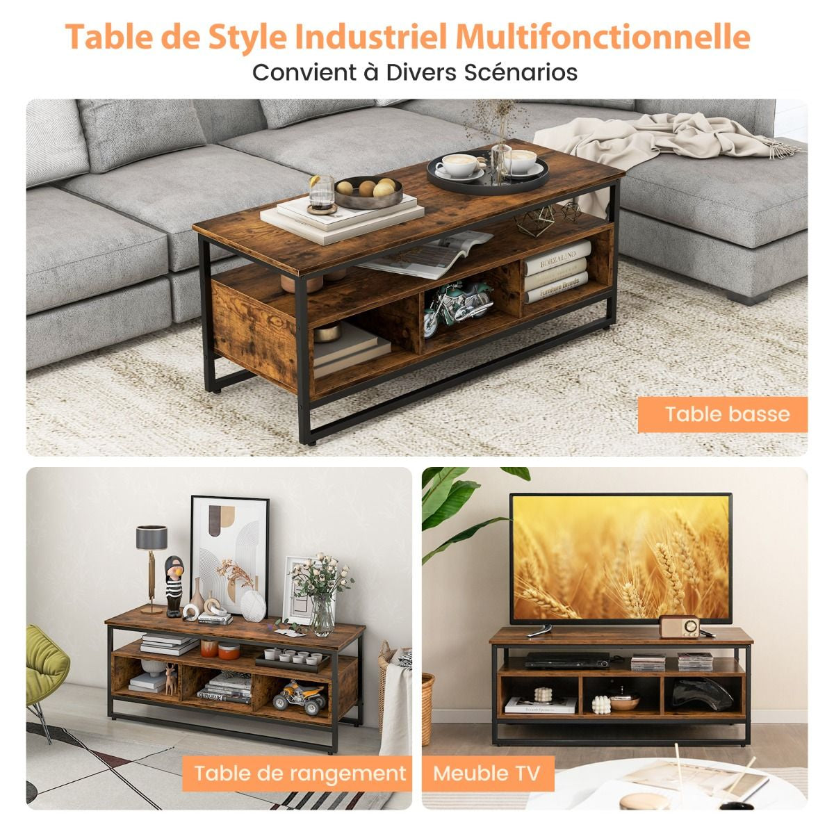 48" Meuble TV à 3 Niveaux avec 3 Compartiments Cadre en Métal pour Salon Chambre 110 x 42,5 x 45 cm Marron