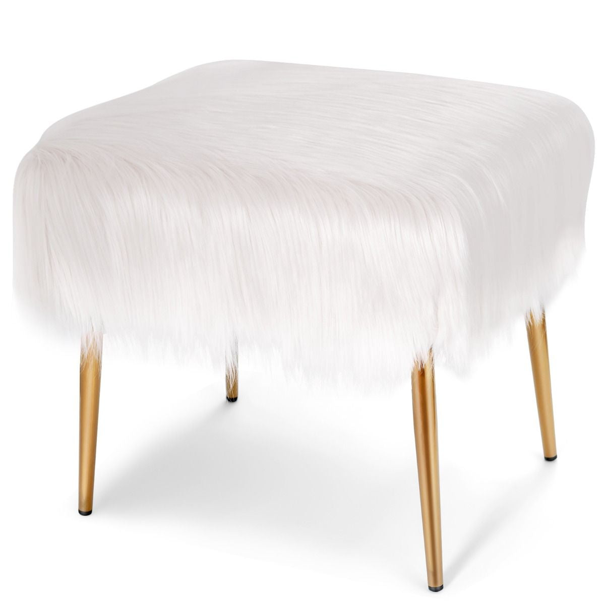 Tabouret en Fourrure Synthétique Pieds en Métal Dor Ottoman Romantique pour Coiffeuse 51 x 41 x 45,5 CM (L x l x H) Beige