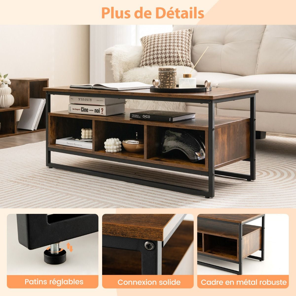 48" Meuble TV à 3 Niveaux avec 3 Compartiments Cadre en Métal pour Salon Chambre 110 x 42,5 x 45 cm Marron