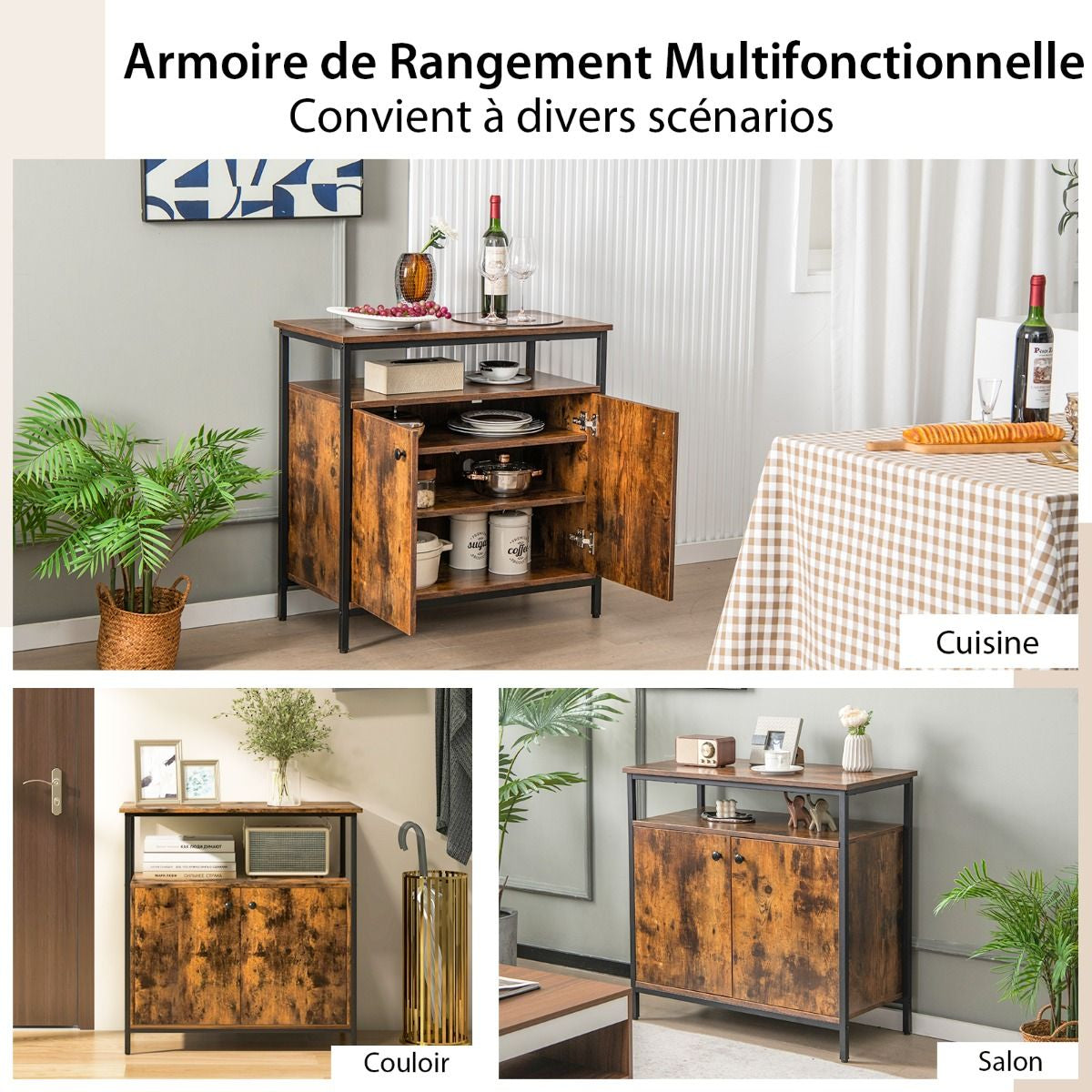 Buffet de Cuisine Industriel avec 2 Portes et Cadre Métallique 80x40x80 CM Meuble de Rangement avec Étagères Ouvertes Marron